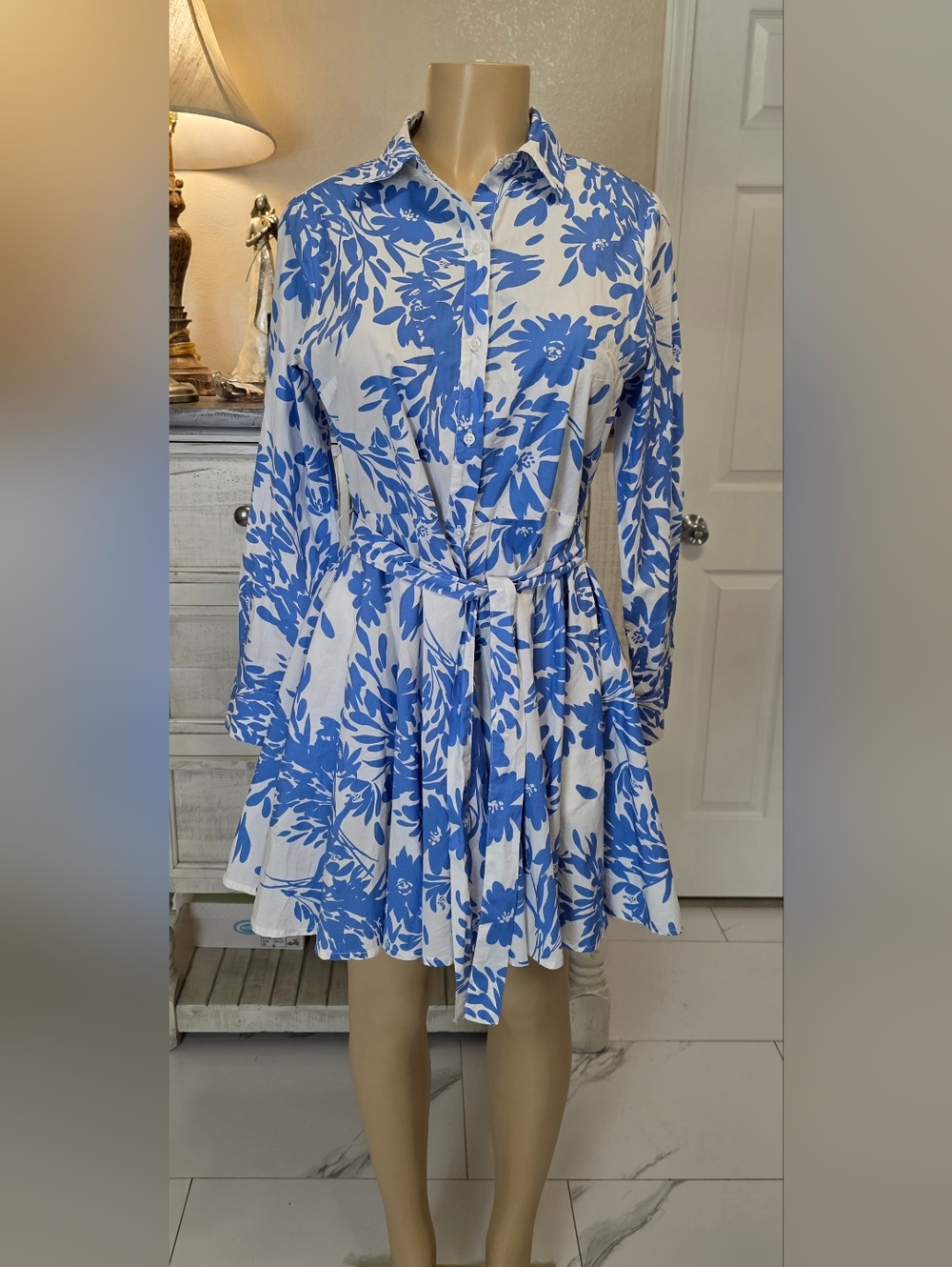 a new day Blue and White Floral Shirt Dress with Tie Waist - Picture 2 of 11